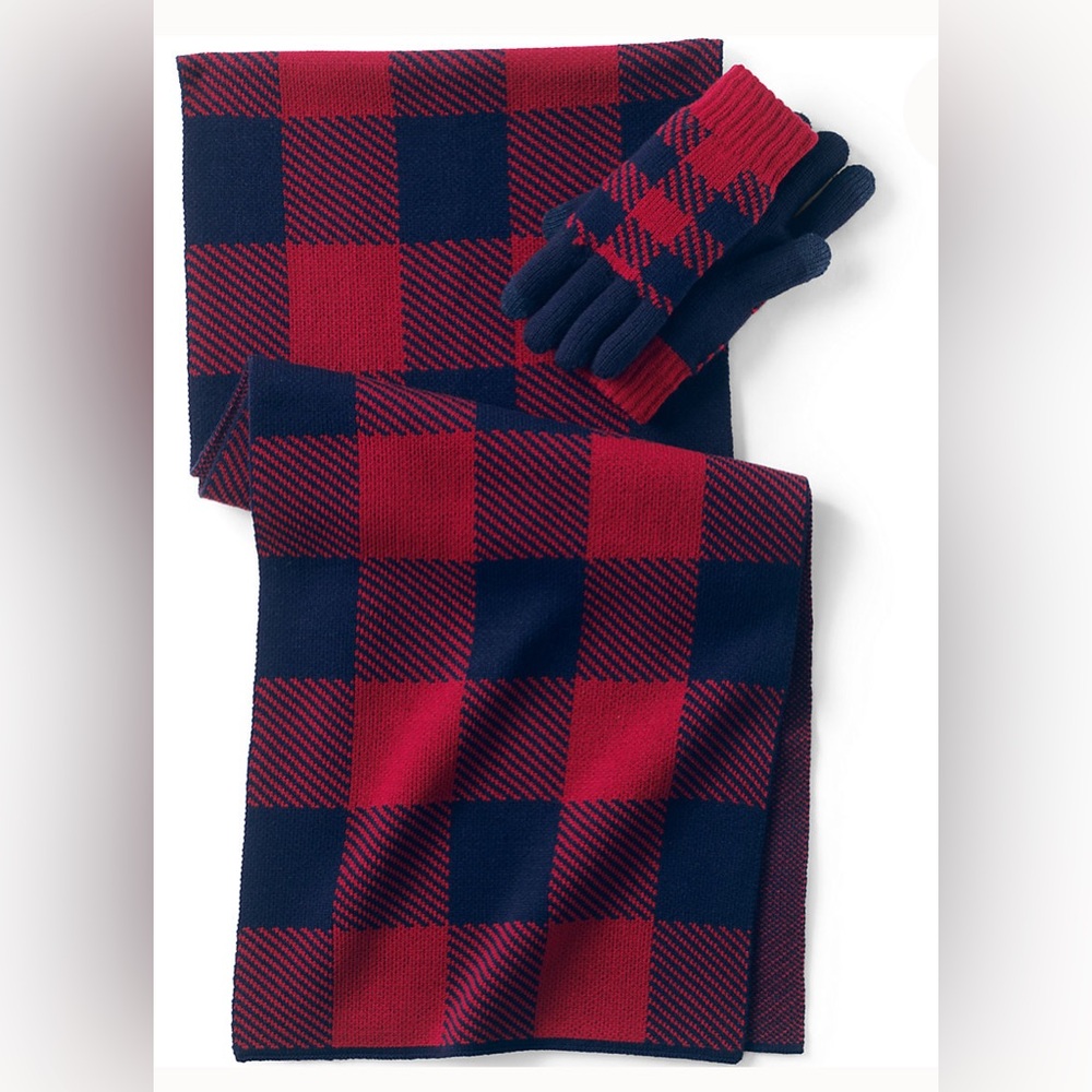 Lands End Men’s Scarf and Gloves Set in Rich Red Buffalo Check